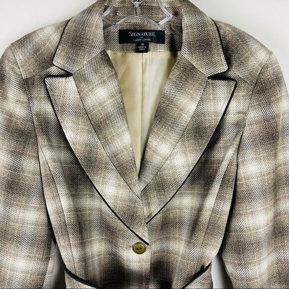 NEW Larry Levine brown cream plaid preppy tie button classic blazer jacket 10 - Picture 2 of 8